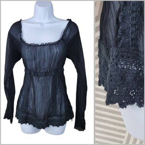 Vintage Y2K Sheer Black Babydoll Top Small Medium Witchy Gothic Fairy Peasant
